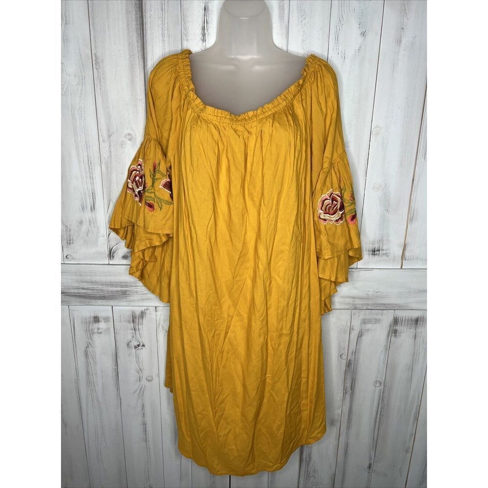 WOMEN FEATHERS BOHO GOLDEN YELLOW OFF SHOULDER FLORAL EMBROIDERED SWING DRESS 3X